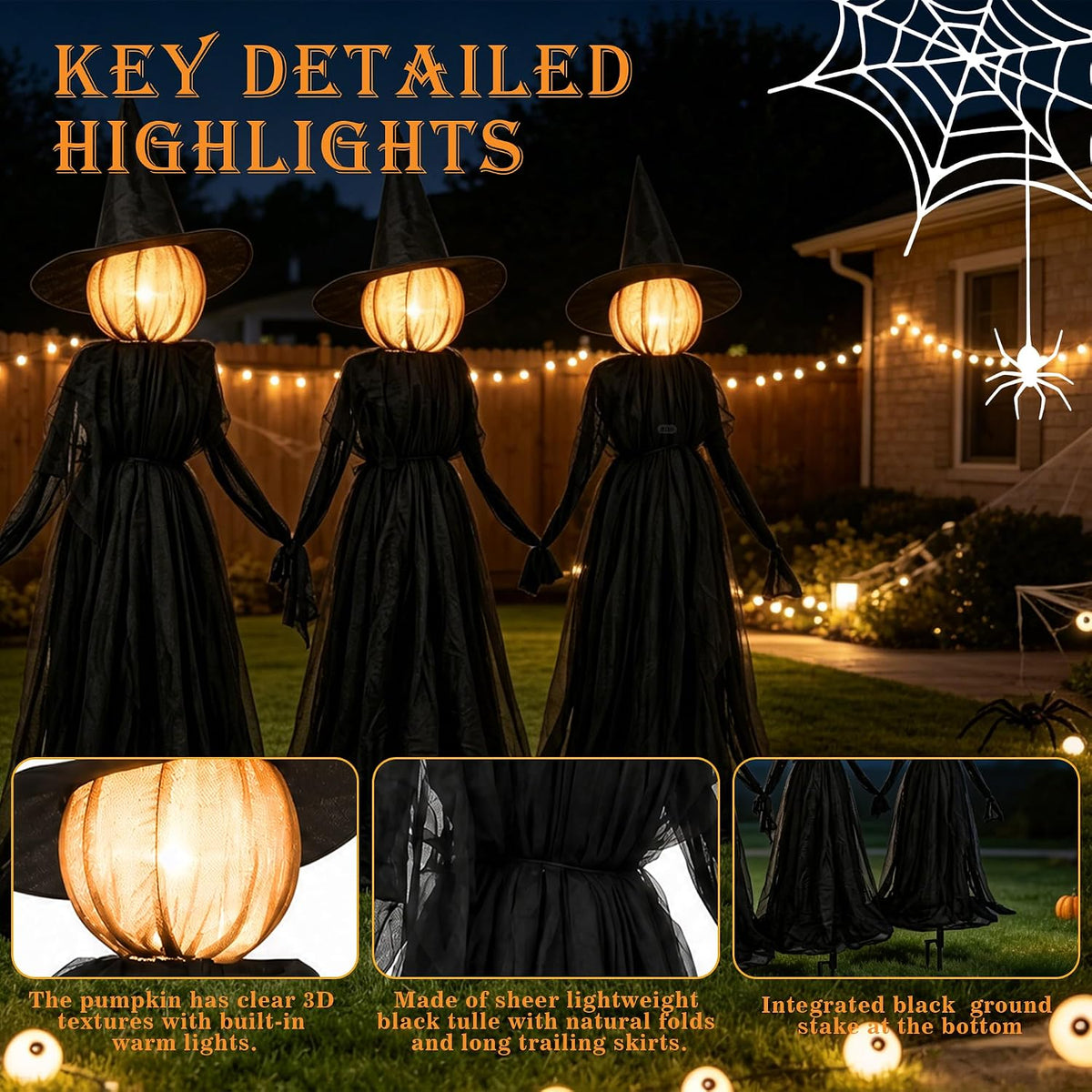 Three 5 ft black robed witches with glowing faces