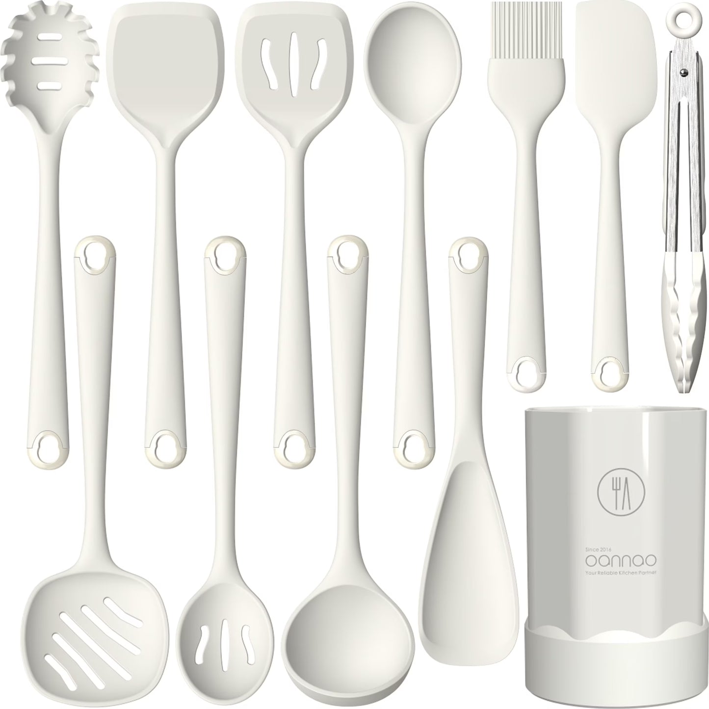 Silicone Kitchen Utensil Set, 600°F Heat Resistant Tools for Nonstick Cookware – Spatula, Spoon, Whisk, Tongs, Dishwasher Safe, BPA-Free (Cream White)