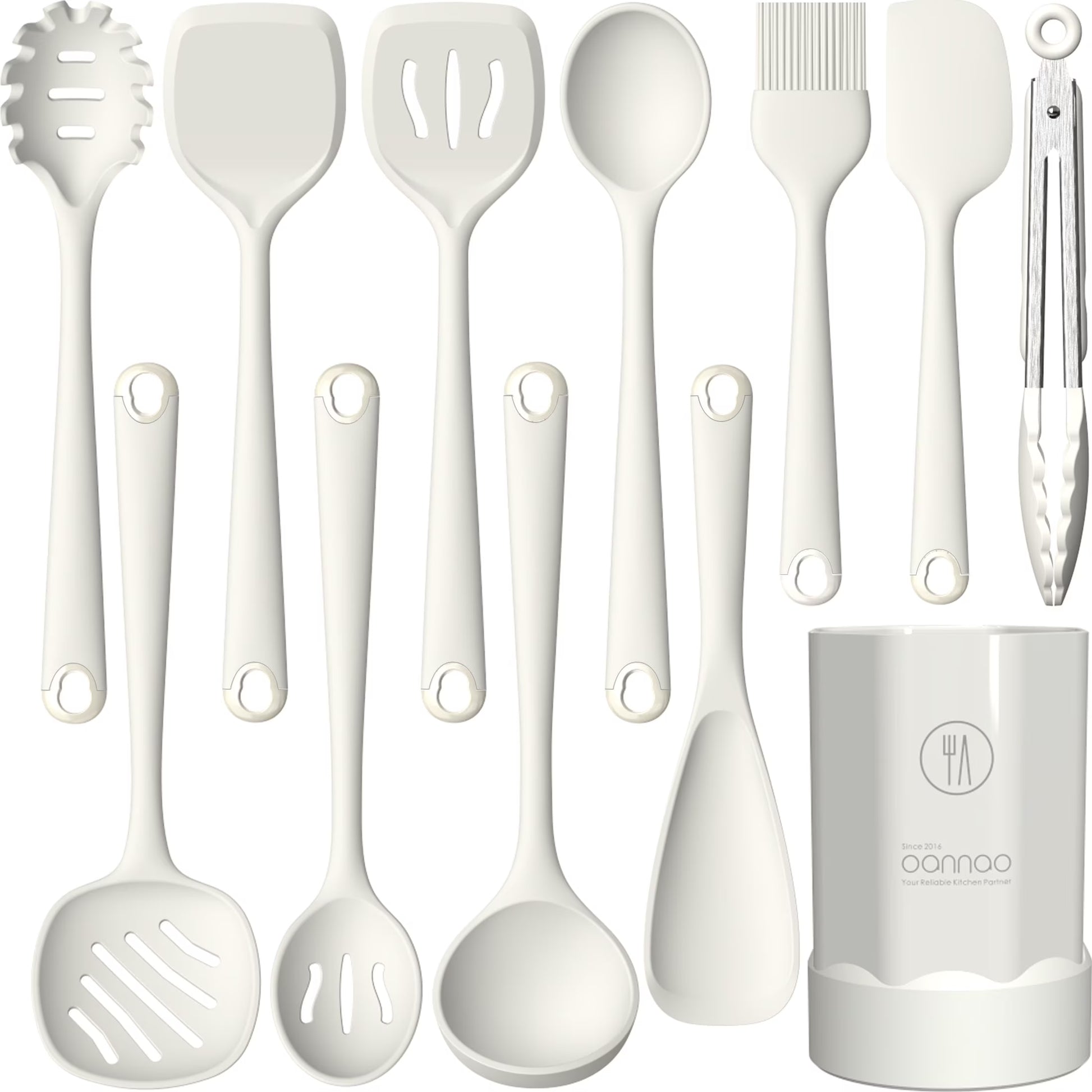 Silicone Kitchen Utensil Set, 600°F Heat Resistant Tools for Nonstick Cookware – Spatula, Spoon, Whisk, Tongs, Dishwasher Safe, BPA-Free (Cream White)