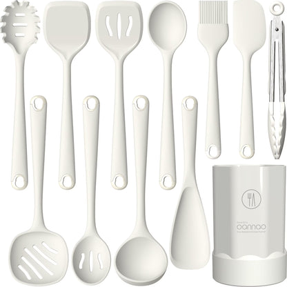 Silicone Kitchen Utensil Set, 600°F Heat Resistant Tools for Nonstick Cookware – Spatula, Spoon, Whisk, Tongs, Dishwasher Safe, BPA-Free (Cream White)