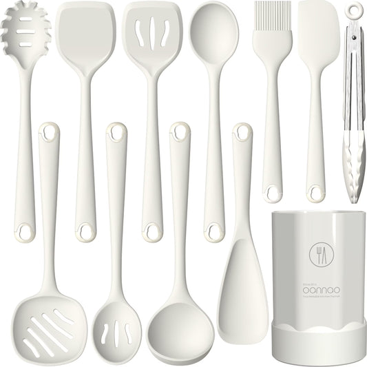Silicone Kitchen Utensil Set, 600°F Heat Resistant Tools for Nonstick Cookware – Spatula, Spoon, Whisk, Tongs, Dishwasher Safe, BPA-Free (Cream White)