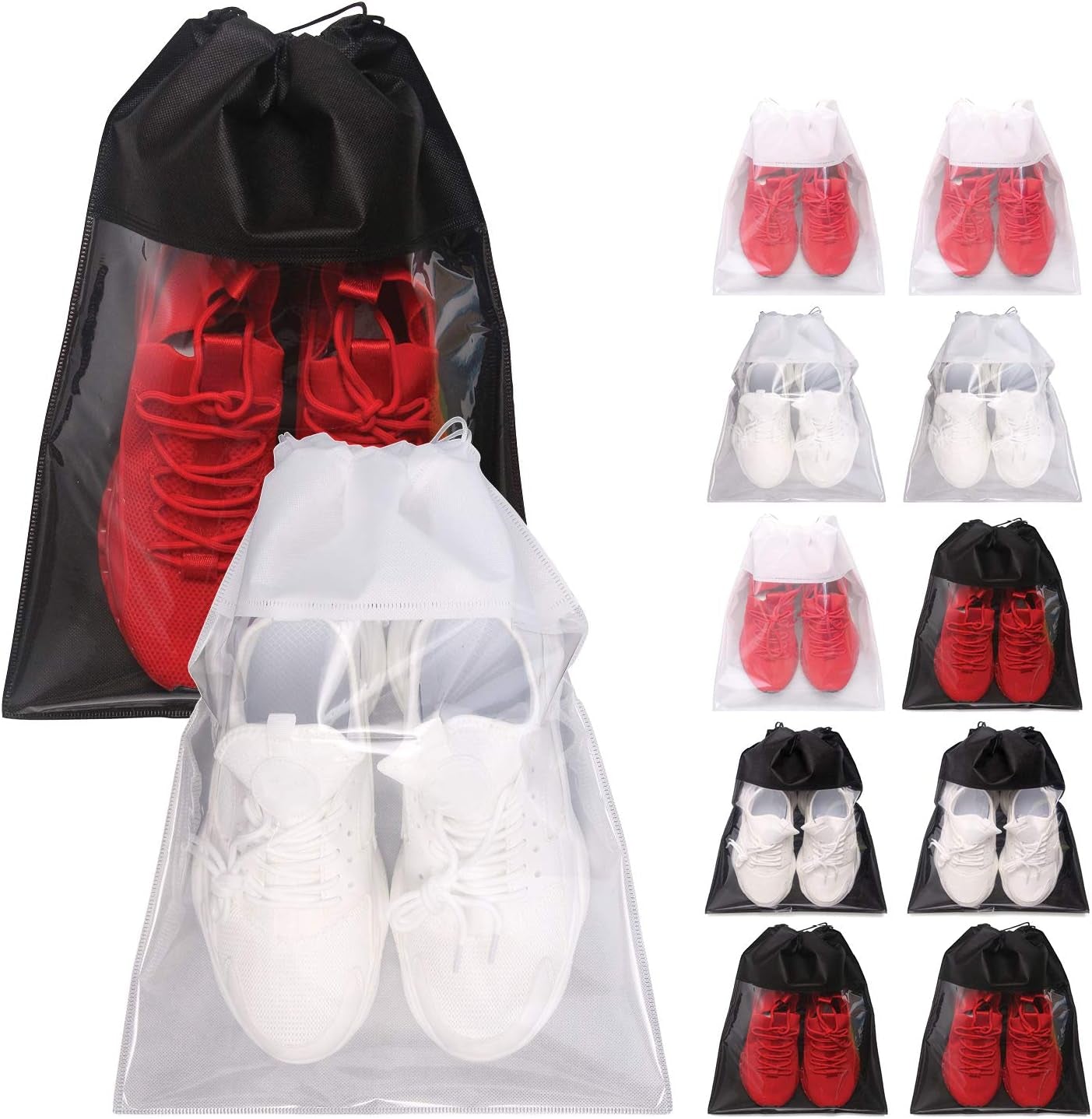 12-Pack Clear Drawstring Shoe Bags for Travel – Large Portable Shoe Pouches for Men & Women (Black)