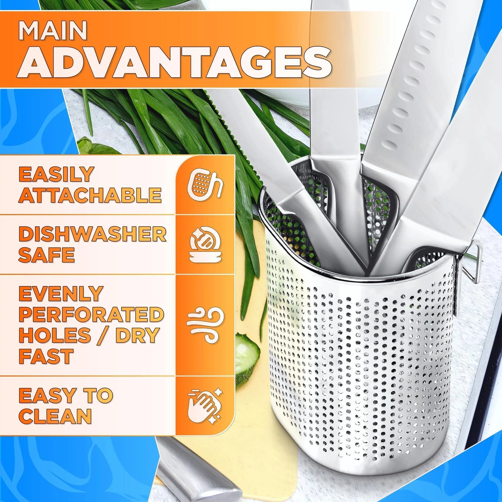 Perforated Stainless Steel Chopstick Holder – Drying Basket for Chopsticks & Utensils Compact Oval Design with Hook for Kitchen Organization Easy Storage and Utensil Drying Sturdy & Dishwasher Safe