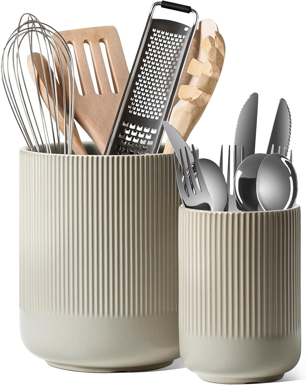 Set of 2 Ceramic Kitchen Utensil Holders, Large Modern Countertop Crocks for Spatulas & Cooking Tools, White (7.3" & 5.4")