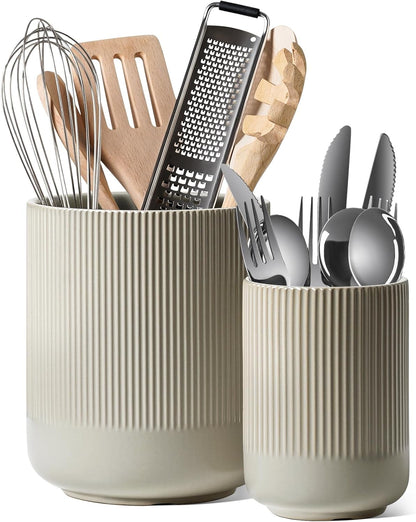 Set of 2 Ceramic Kitchen Utensil Holders, Large Modern Countertop Crocks for Spatulas & Cooking Tools, White (7.3" & 5.4")