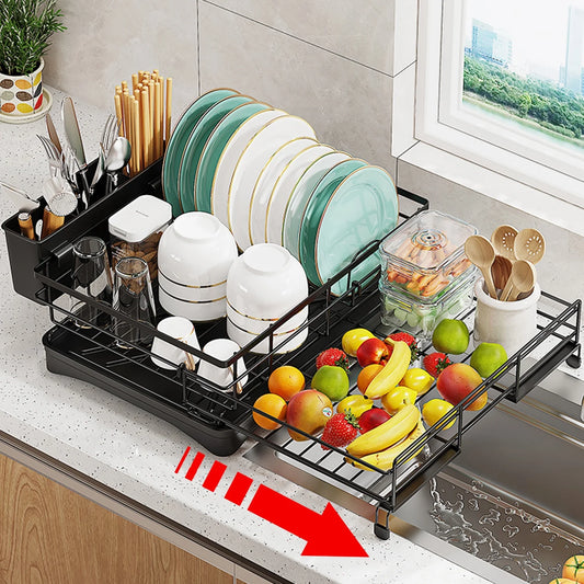 Retractable Stainless Steel Dish Drying Rack – Large Capacity with Utensil Holder, Space-Saving Kitchen Counter Organizer (Black)