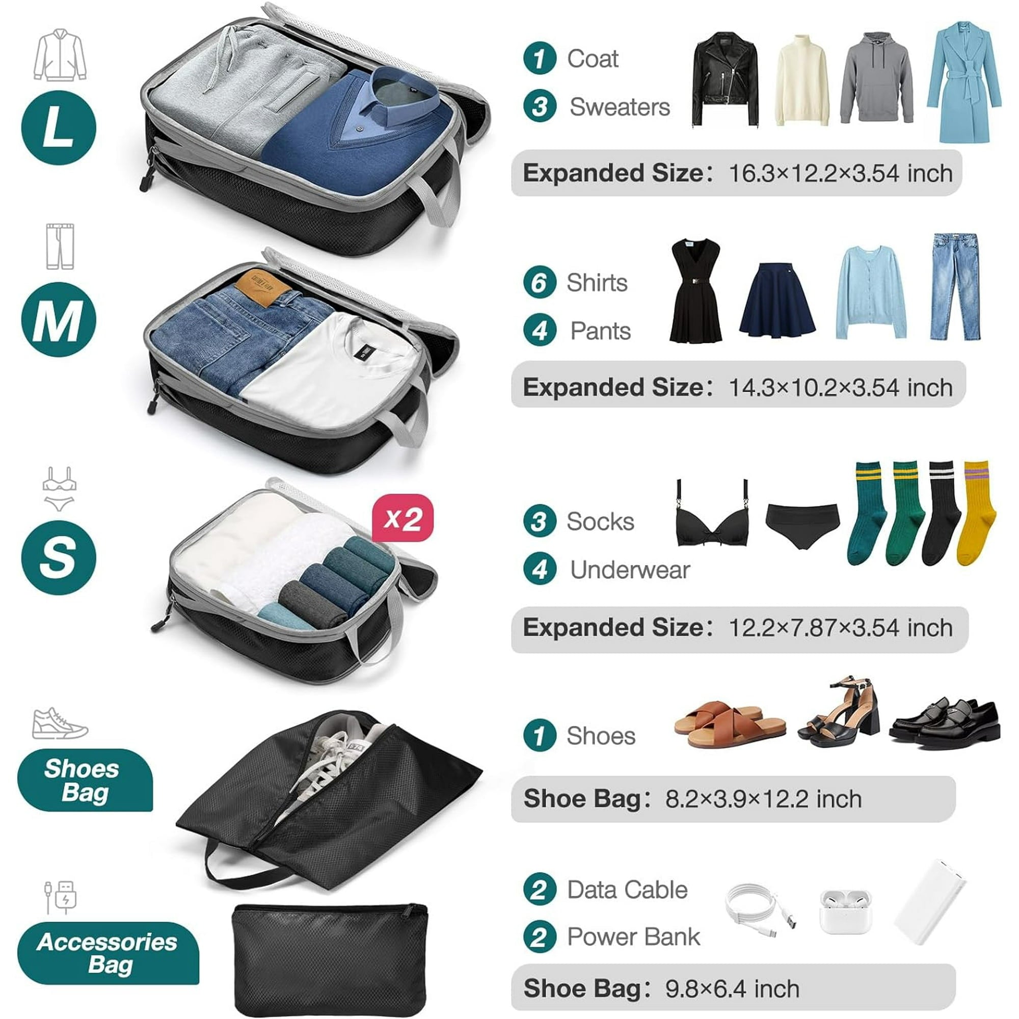 Packing Cubes Set Travel Luggage Organizers for Suitcases,