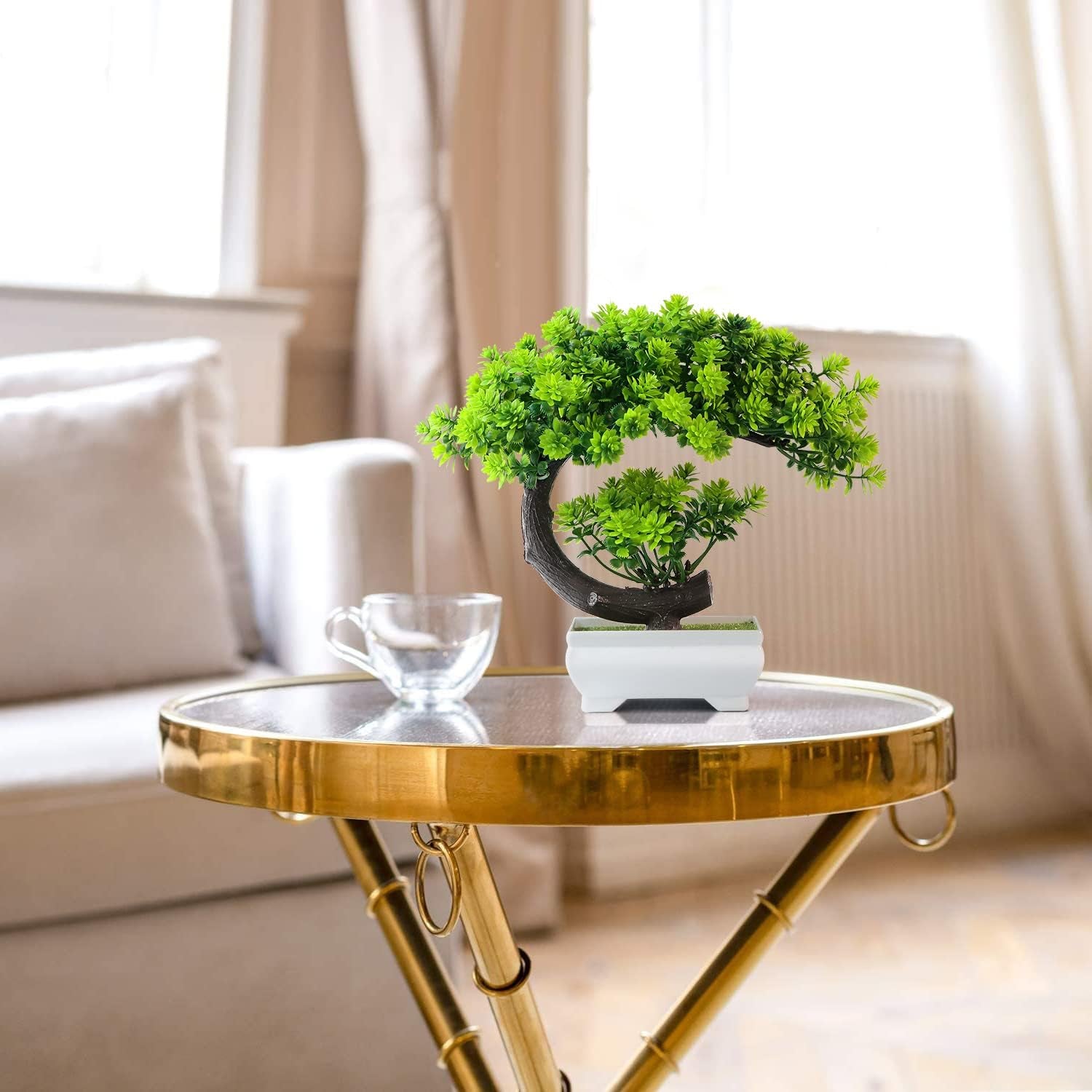 Small 8.5" Artificial Bonsai Plant, Green Faux Desktop Decor for Home, Office, Bookshelf & Bathroom