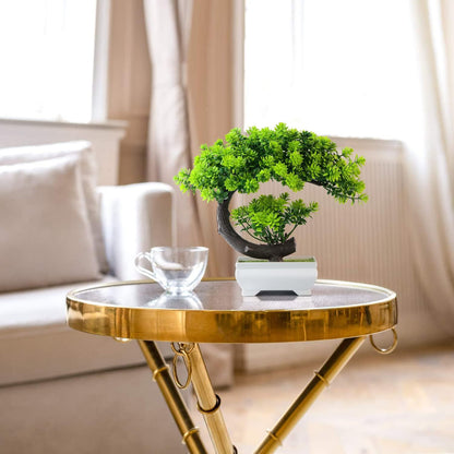 Small 8.5" Artificial Bonsai Plant, Green Faux Desktop Decor for Home, Office, Bookshelf & Bathroom