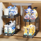 2 Pack under Sink Organizers and Storage, Pull Out Trash Can under Cabinet, 2 Tier Bin Organizer with Hooks and Haning Cups, Multi-Purpose Sliding under Cabinet Organizer