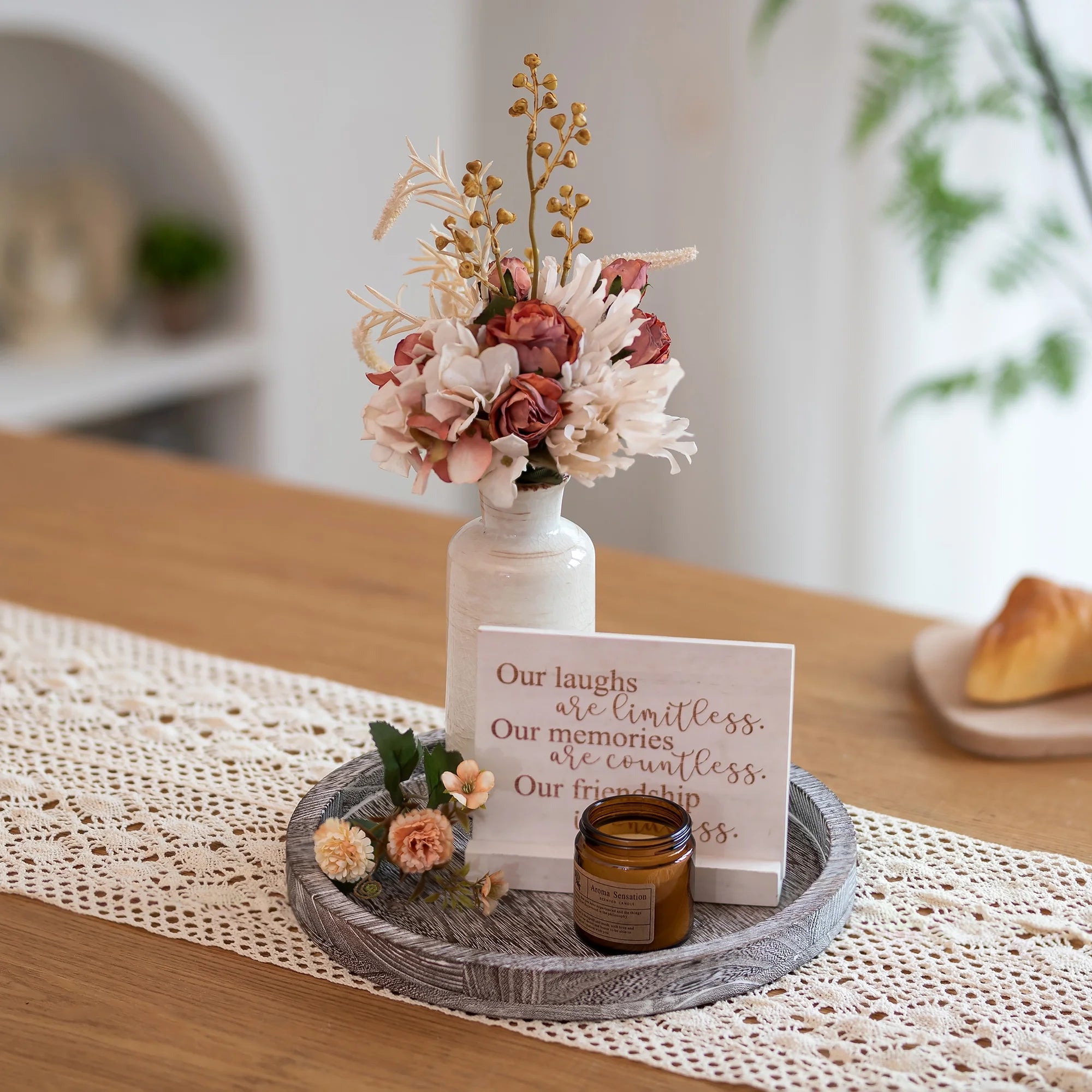 round Wooden Candle Tray: Rustic Decorative Coffee Table Tray ,11.8"