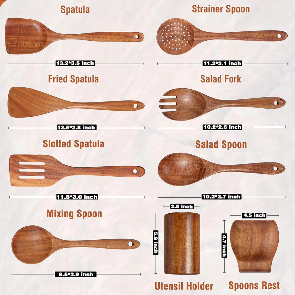 9-Piece Natural Teak Wooden Cooking Utensil Set with Holder & Spoon Rest, Safe for Nonstick Pans & Cookware