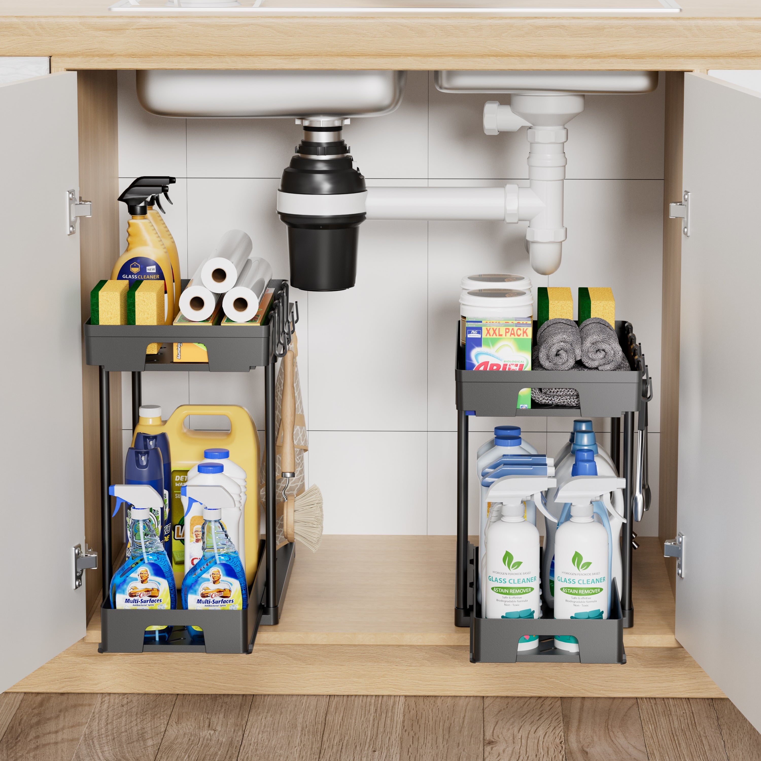 2 Pack under Sink Organizers and Storage, Pull Out Trash Can under Cabinet, 2 Tier Bin Organizer with Hooks and Haning Cups, Multi-Purpose Sliding under Cabinet Organizer