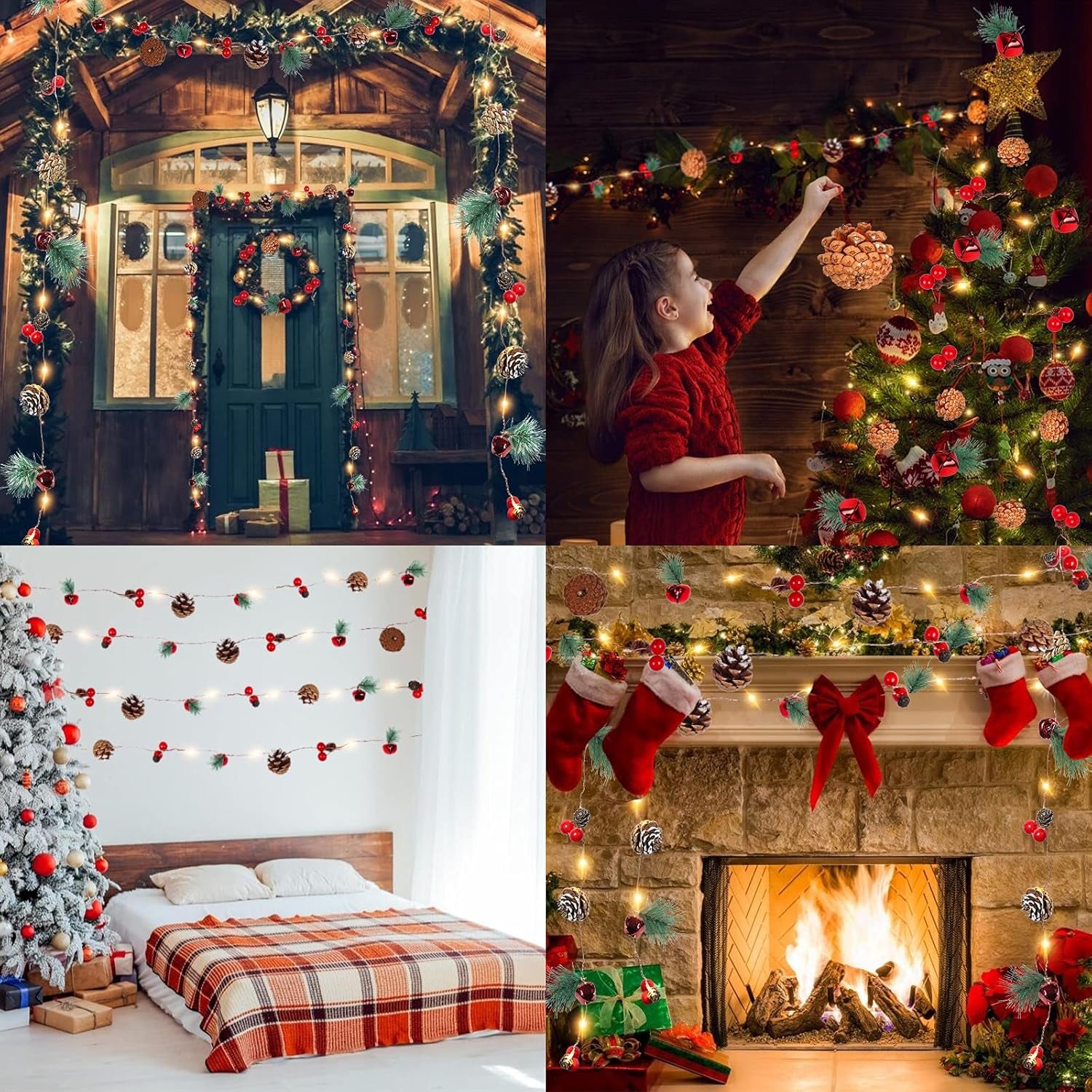 Casy Nest Christmas Garland Decoration with Lights, 7FT 20LED Pine Cone Red Berry Bell Battery Operated Christma String Light, Lighted up Pinecone Vine Indoor Outdoor Xmas Tree New Year Holiday Decor