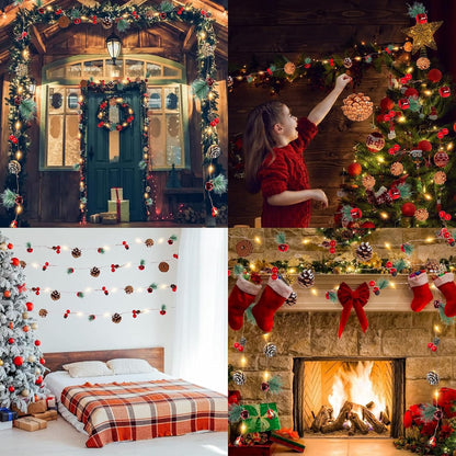 Casy Nest Christmas Garland Decoration with Lights, 7FT 20LED Pine Cone Red Berry Bell Battery Operated Christma String Light, Lighted up Pinecone Vine Indoor Outdoor Xmas Tree New Year Holiday Decor