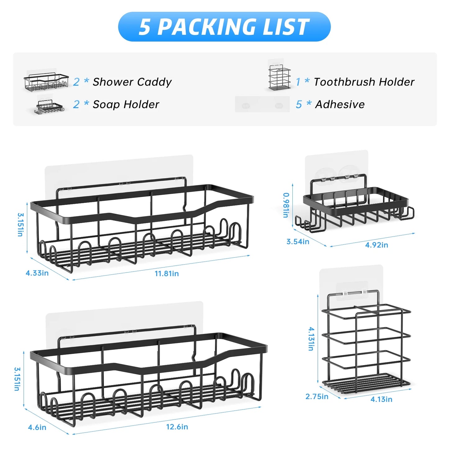 Shower Caddy, 5-Pack Adhesive Shower Shelves with 28 Hooks, 2 Soap Dishes & Tootbrush Shelf, Rustproof Stainless Steel Bath Organizers W/ Large Capacity, No Drilling Shelves for Bathroom Storage