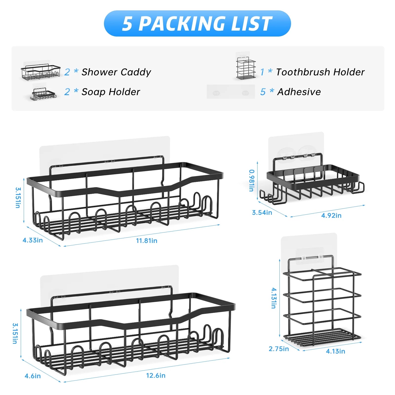 Shower Caddy, 5-Pack Adhesive Shower Shelves with 28 Hooks, 2 Soap Dishes & Tootbrush Shelf, Rustproof Stainless Steel Bath Organizers W/ Large Capacity, No Drilling Shelves for Bathroom Storage