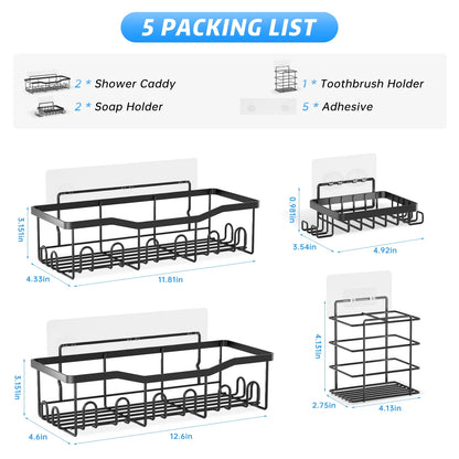 Shower Caddy, 5-Pack Adhesive Shower Shelves with 28 Hooks, 2 Soap Dishes & Tootbrush Shelf, Rustproof Stainless Steel Bath Organizers W/ Large Capacity, No Drilling Shelves for Bathroom Storage