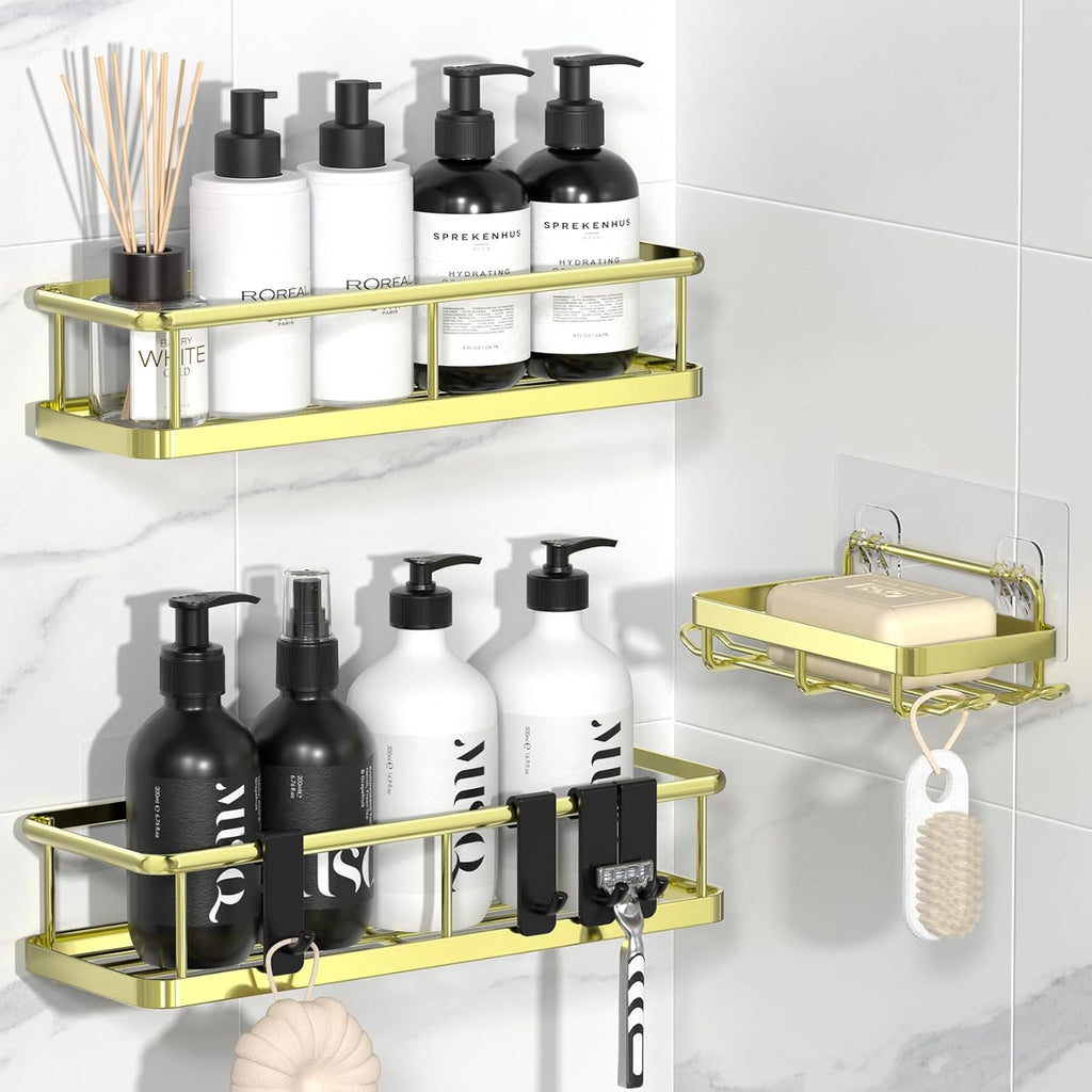 Adhesive Rustproof Shower Caddy with Removable Hooks, Large Capacity Bathroom Organizer, No-Drill Storage Shelf, Black