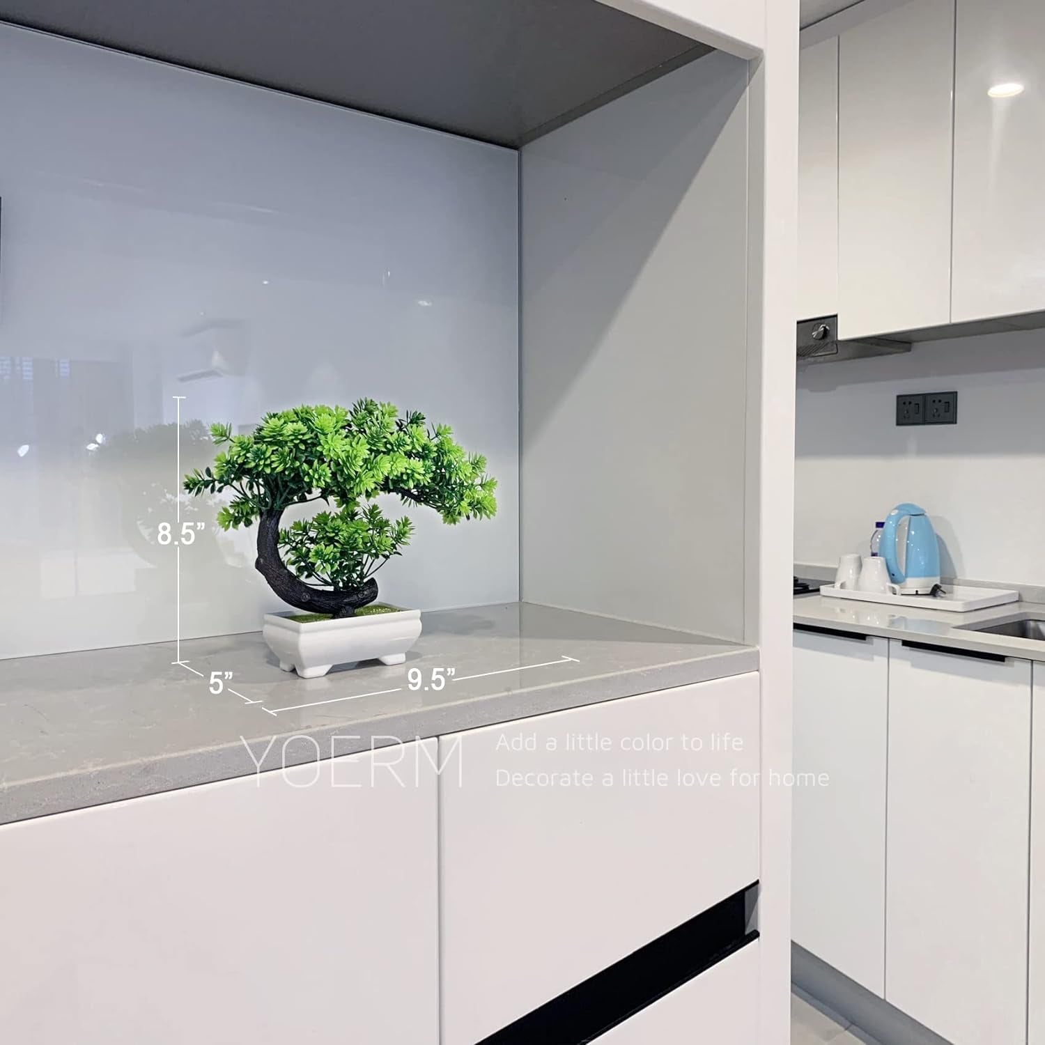 Small 8.5" Artificial Bonsai Plant, Green Faux Desktop Decor for Home, Office, Bookshelf & Bathroom