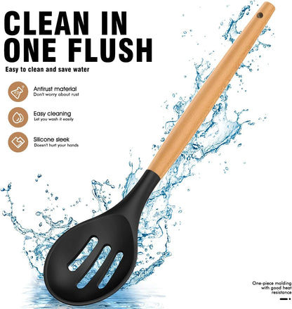 Silicone Cooking Utensil Set with Wooden Handles, Heat Resistant up to 446°F, BPA-Free Kitchen Tools with Holder for Non-Stick Cookware (Black)
