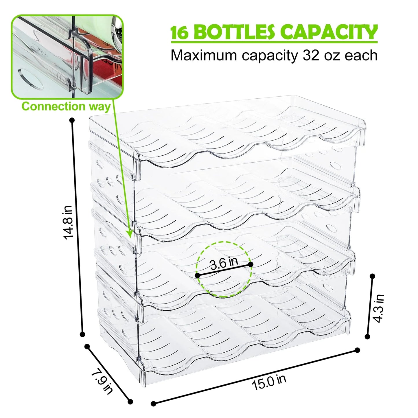 4-Pack Stackable Water Bottle Organizer, Plastic Cabinet & Fridge Storage Rack, Holds 16 Bottles, Kitchen & Pantry Cup Holder