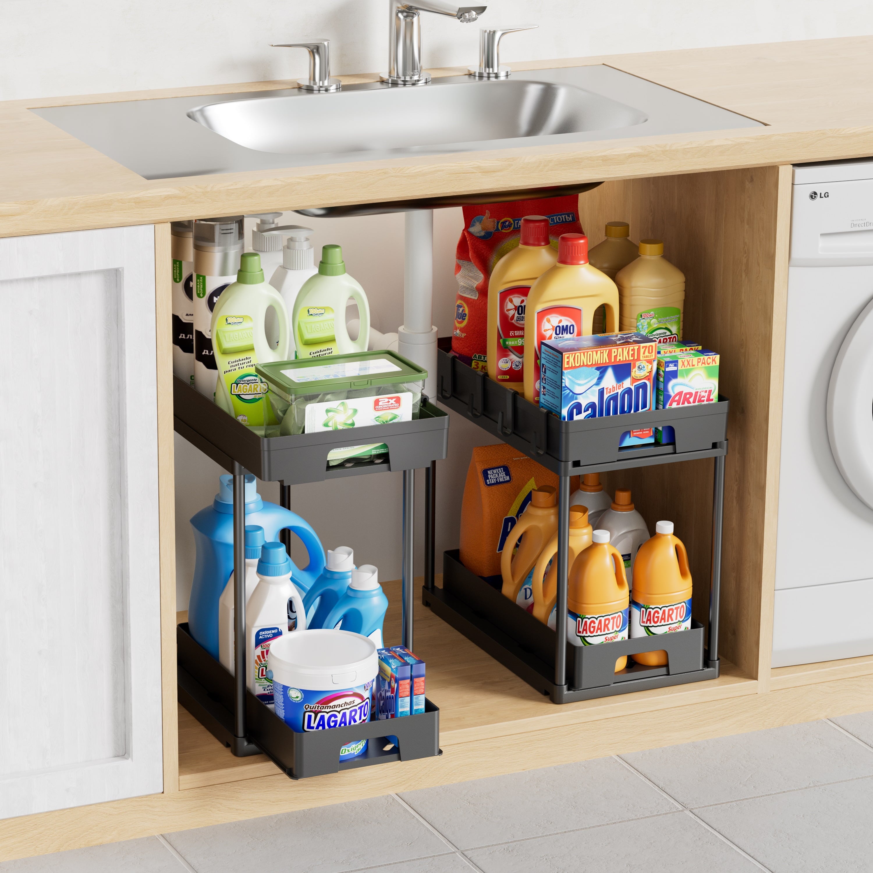 2 Pack under Sink Organizers and Storage, Pull Out Trash Can under Cabinet, 2 Tier Bin Organizer with Hooks and Haning Cups, Multi-Purpose Sliding under Cabinet Organizer