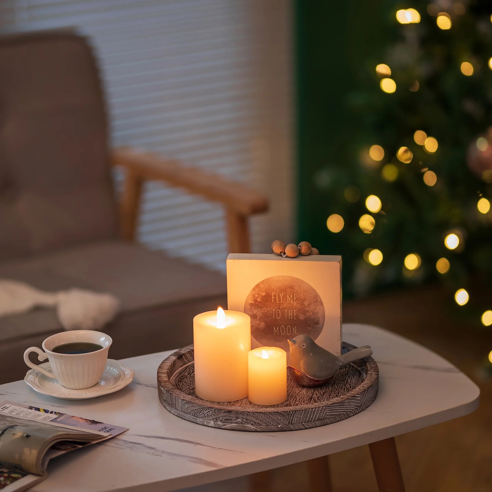 round Wooden Candle Tray: Rustic Decorative Coffee Table Tray ,11.8"