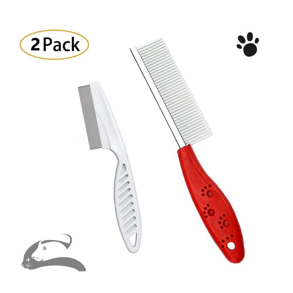 2-Pack Pet Grooming Combs for Dogs & Cats – Stainless Steel Teeth for Removing Matted Fur, Knots & Tangles (Red)