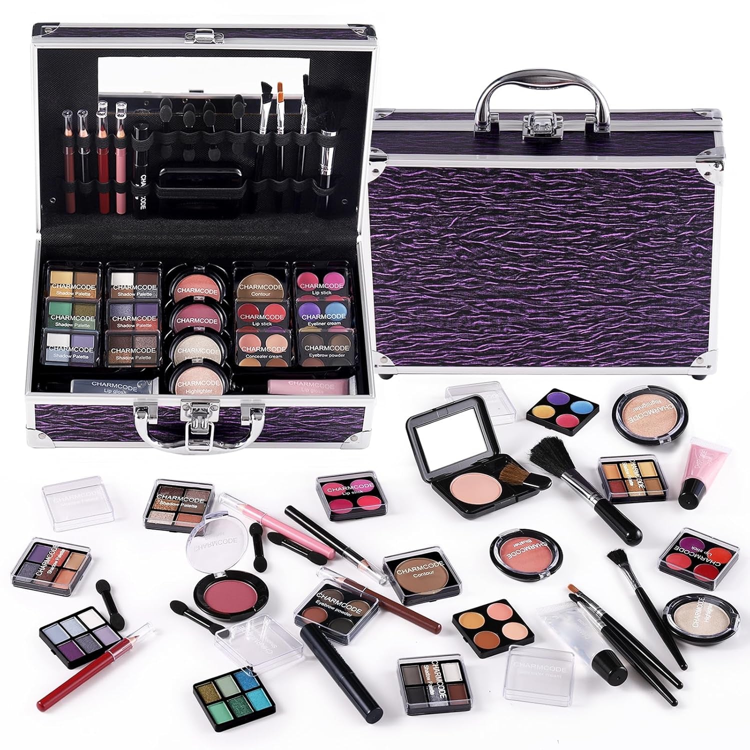 Makeup Kit for Teen Girls & Women, Full Beauty Train Case with Starter Cosmetic Set – Eyeshadow, Lip Gloss, Blush, Highlighter, Brushes & More (Purple)