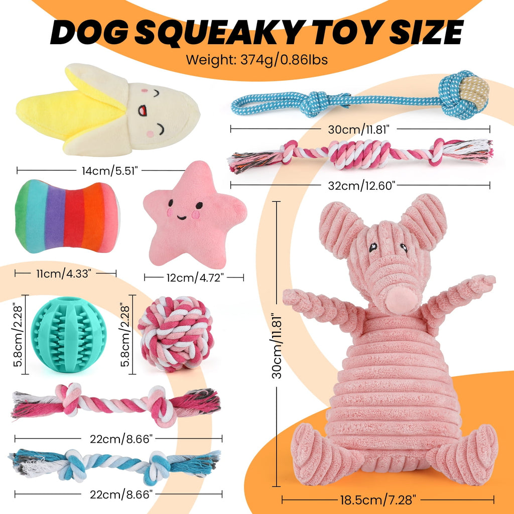 10-Pack Small Dog Puppy Chew Toys – Teething & Training Set with Plush Squeaky Toys, Treat Ball & Rope Toys (Pink Pig)
