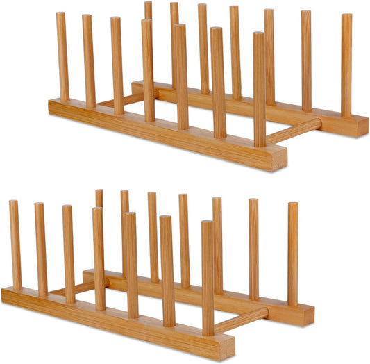 2-Pack Bamboo Wooden Dish Racks, Vertical Plate & Pot Holders for Kitchen Cabinet, Bowls, Cups, Lids, Cutting Boards & Books