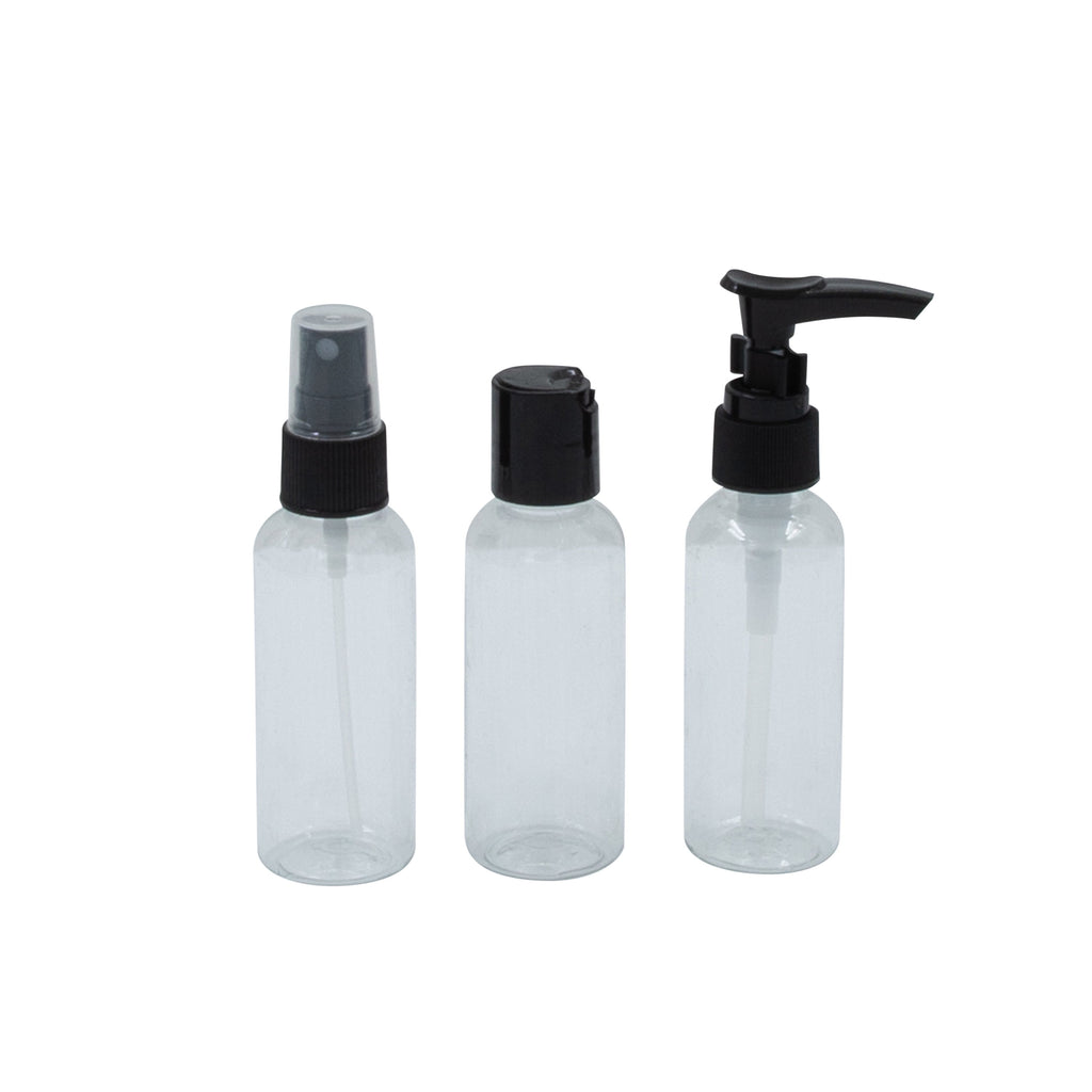 RPET Hanging Toiletry Bag Set with 3 Piece Clear Refillable Travel Bottles, Black