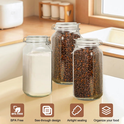 3-Pack 78oz Glass Jars with Airtight Lids, Large Clear Food Storage Canisters with Labels for Flour, Sugar, Pasta, Coffee & Cereals
