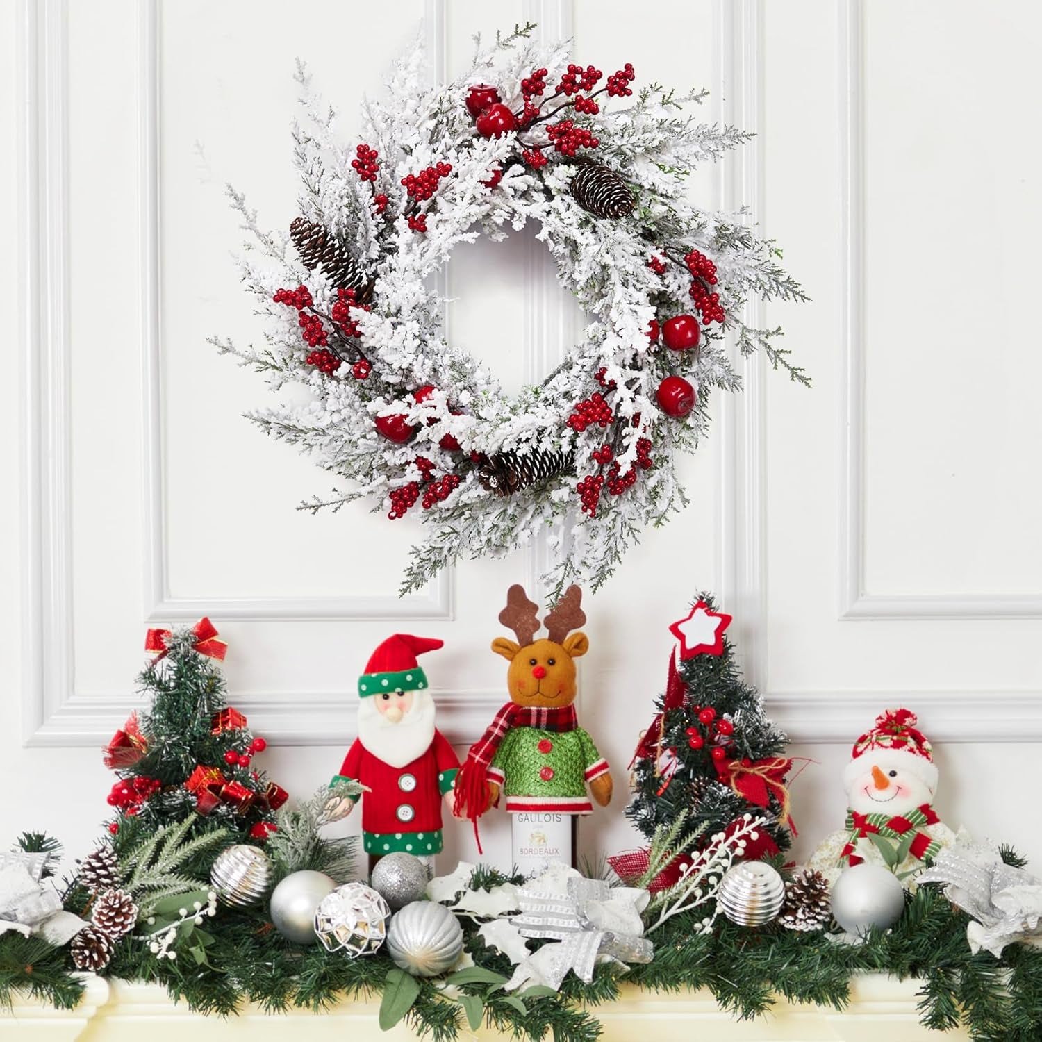  Snow Flocked Christmas Wreath with Red Apples & Pine Cones – Indoor/Outdoor Holiday Decoration