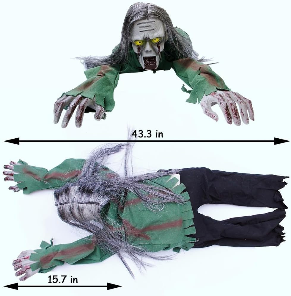 Crawling zombie Halloween prop with glowing red eyes