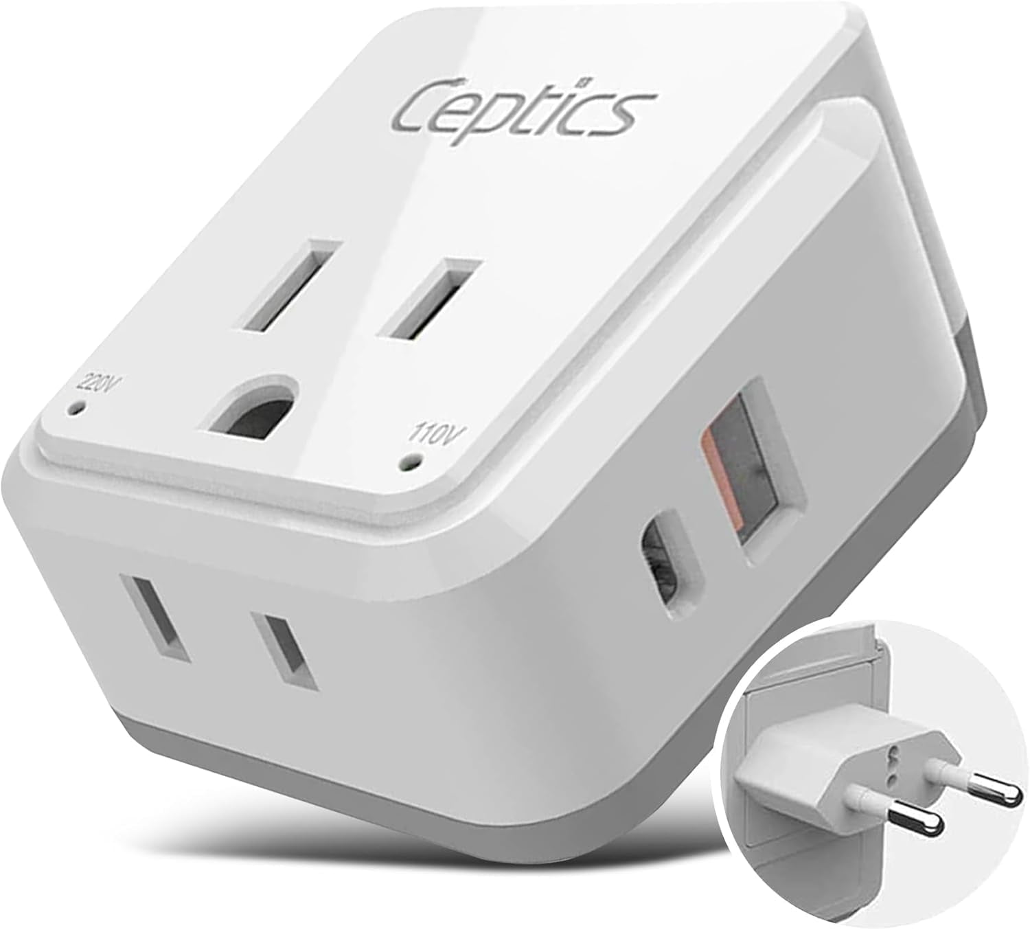 Travel Plug Adapter – 2 US Outlets with Dual USB & USB-C 3.1A, 20W PD & QC, Compact for Euro, Greece, Italy, Switzerland, Turkey, Portugal (Type C Included)