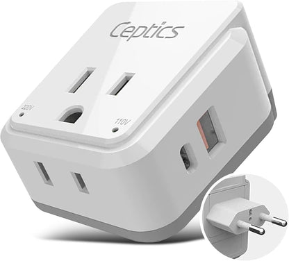 Travel Plug Adapter – 2 US Outlets with Dual USB & USB-C 3.1A, 20W PD & QC, Compact for Euro, Greece, Italy, Switzerland, Turkey, Portugal (Type C Included)