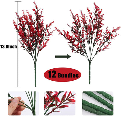 12 Bundles Red Artificial Lavender Flowers, UV-Resistant Fake Flowers for Outdoor & Indoor Spring Home Decor