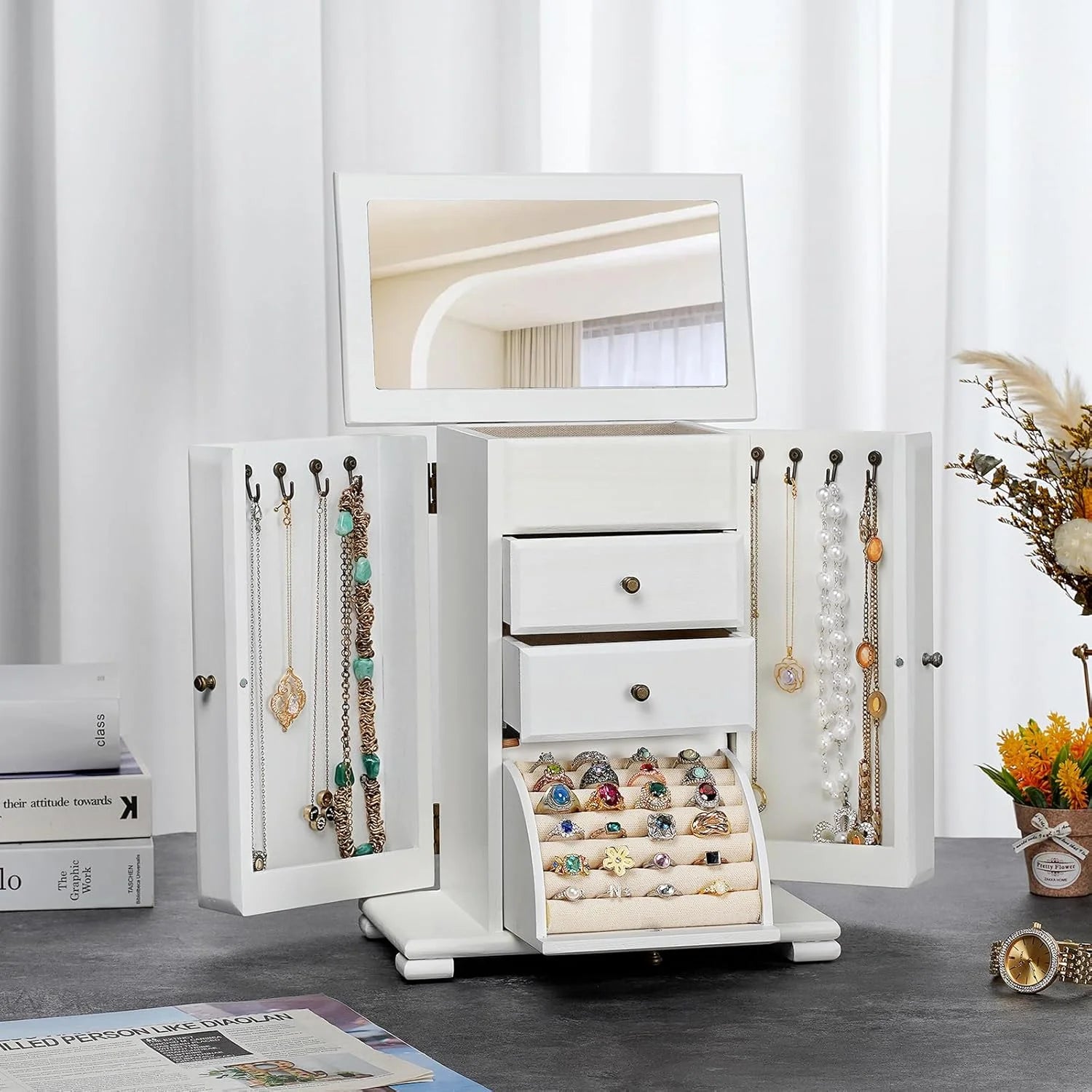 Rustic Wooden Jewelry Box for Women, 4-Layer Organizer with Mirror for Rings, Earrings, Necklaces & Bracelets, White