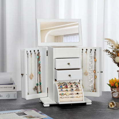 Rustic Wooden Jewelry Box for Women, 4-Layer Organizer with Mirror for Rings, Earrings, Necklaces & Bracelets, White