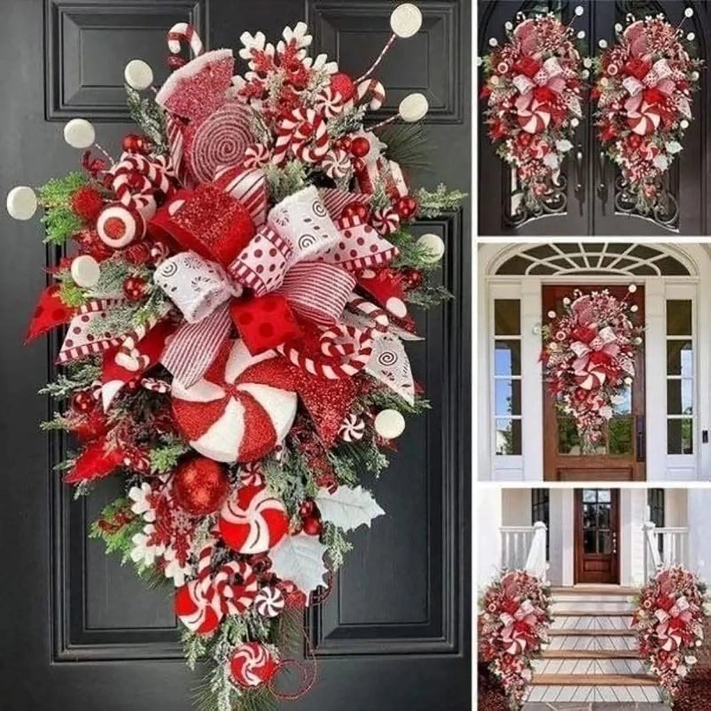 Christmas Candy Cane Wreath – Red & White Holiday Door Decor with Ornaments