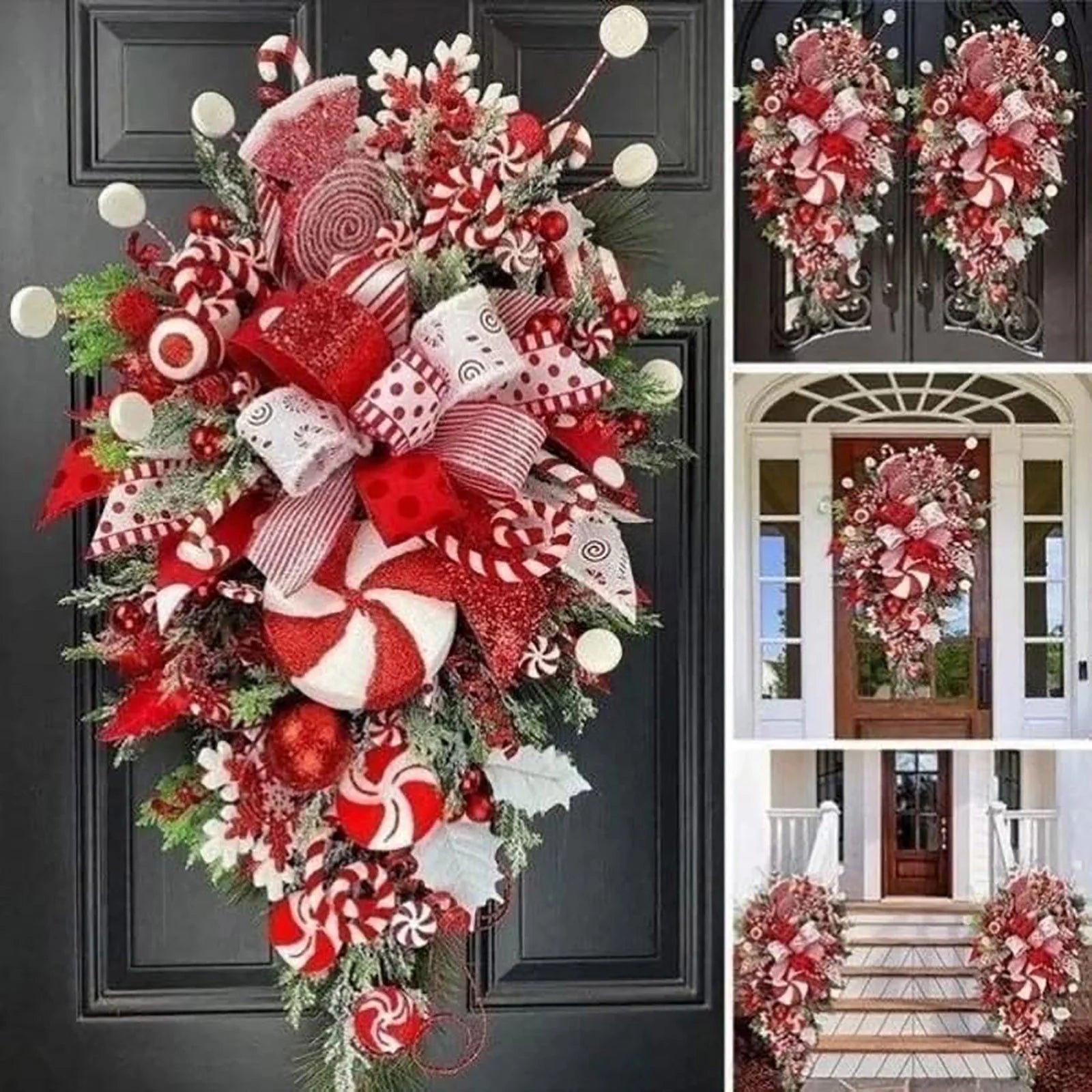 Christmas Candy Cane Wreath – Red & White Holiday Door Decor with Ornaments