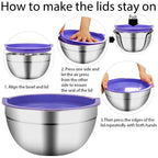 Mixing Bowls with Lids Set, 23 Pcs Kitchen Utensils Stainless Steel Nesting Bowls, Measuring Cups Spoons, 12 Reusable Silicone Stretch Lids Non-Slip Mat Egg Whisk for Baking Cooking by