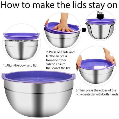 Mixing Bowls with Lids Set, 23 Pcs Kitchen Utensils Stainless Steel Nesting Bowls, Measuring Cups Spoons, 12 Reusable Silicone Stretch Lids Non-Slip Mat Egg Whisk for Baking Cooking by