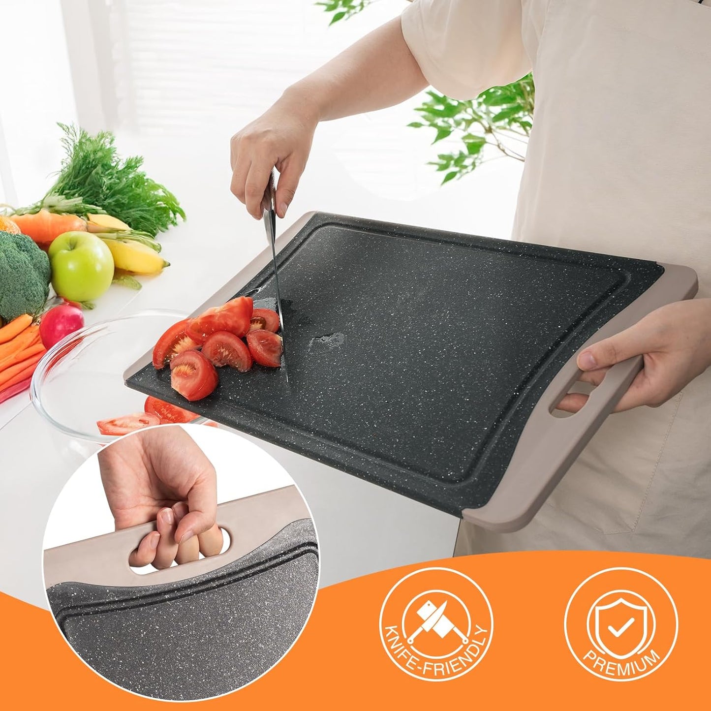 3-Pack Extra Large Plastic Cutting Boards with Juice Grooves & Easy-Grip Handles, Dishwasher Safe, Almond Gray