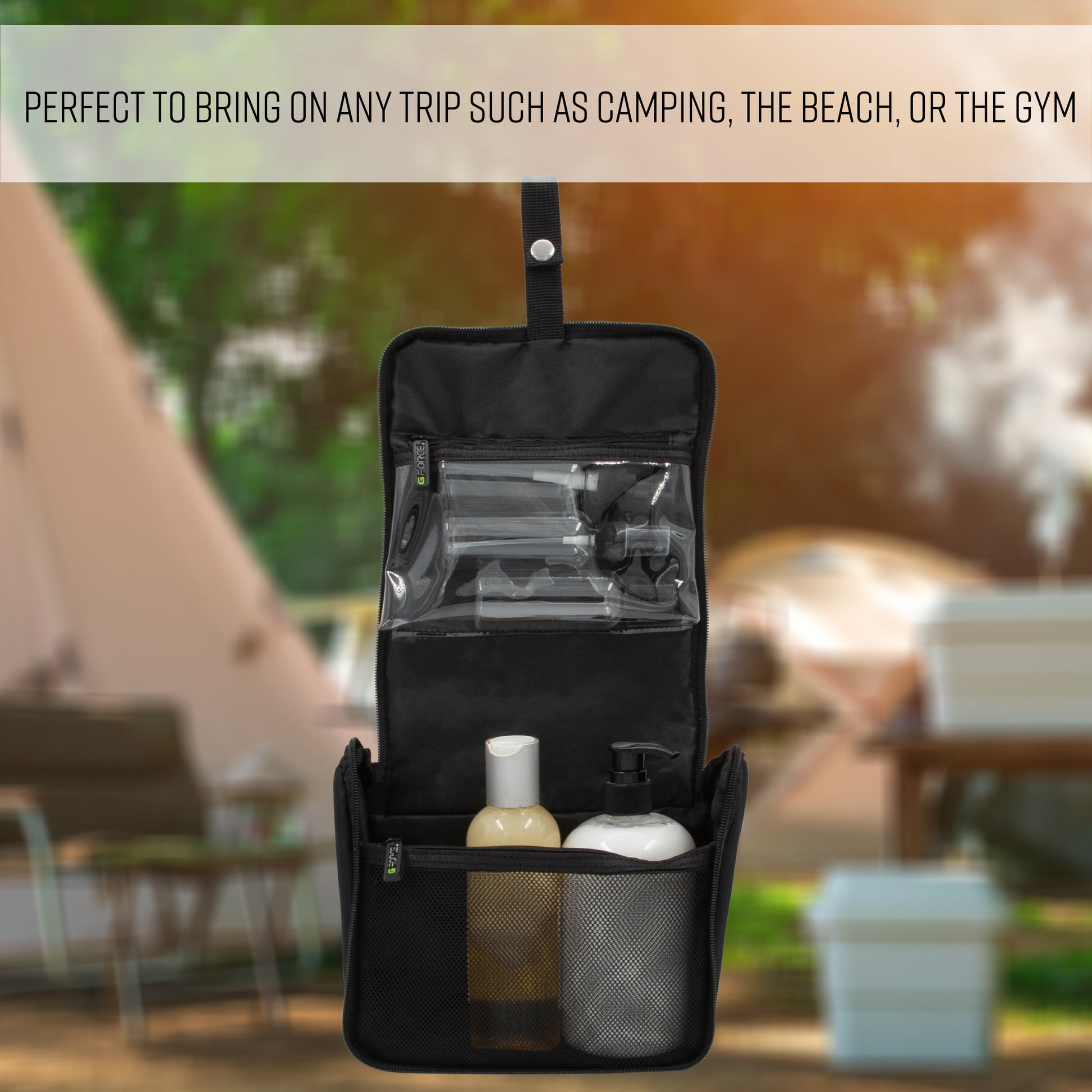 RPET Hanging Toiletry Bag Set with 3 Piece Clear Refillable Travel Bottles, Black