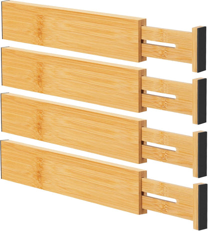 4-Pack Adjustable Bamboo Drawer Dividers, 12–17" for Kitchen, Closet, Dresser, Bedroom & Office Organization