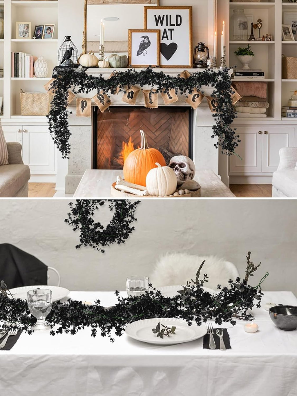 3-Pack Black Artificial Eucalyptus Garland with Flowers, Halloween & Fall Party Decor, Fake Floral Greenery for Wall Backdrop