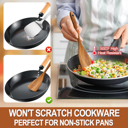 9-Piece Natural Teak Wooden Cooking Utensil Set with Holder & Spoon Rest, Safe for Nonstick Pans & Cookware